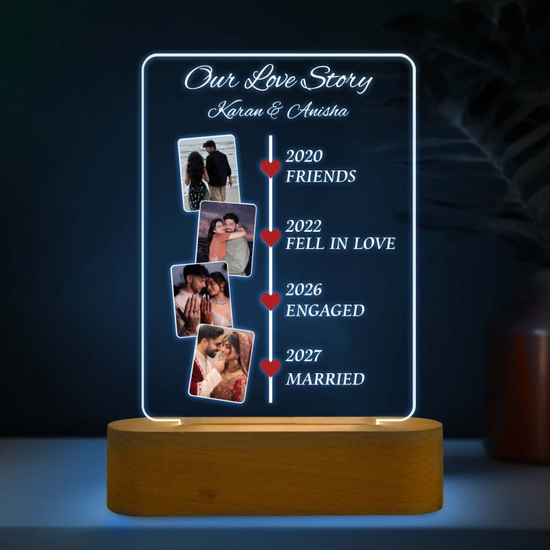 Personalized Our Love Story Couple Photo LED Lamp with Light & Wooden Stand Anniversary Gift for Husband Wife Birthday Gift Memorable Gift Item 7 Color Changing Light